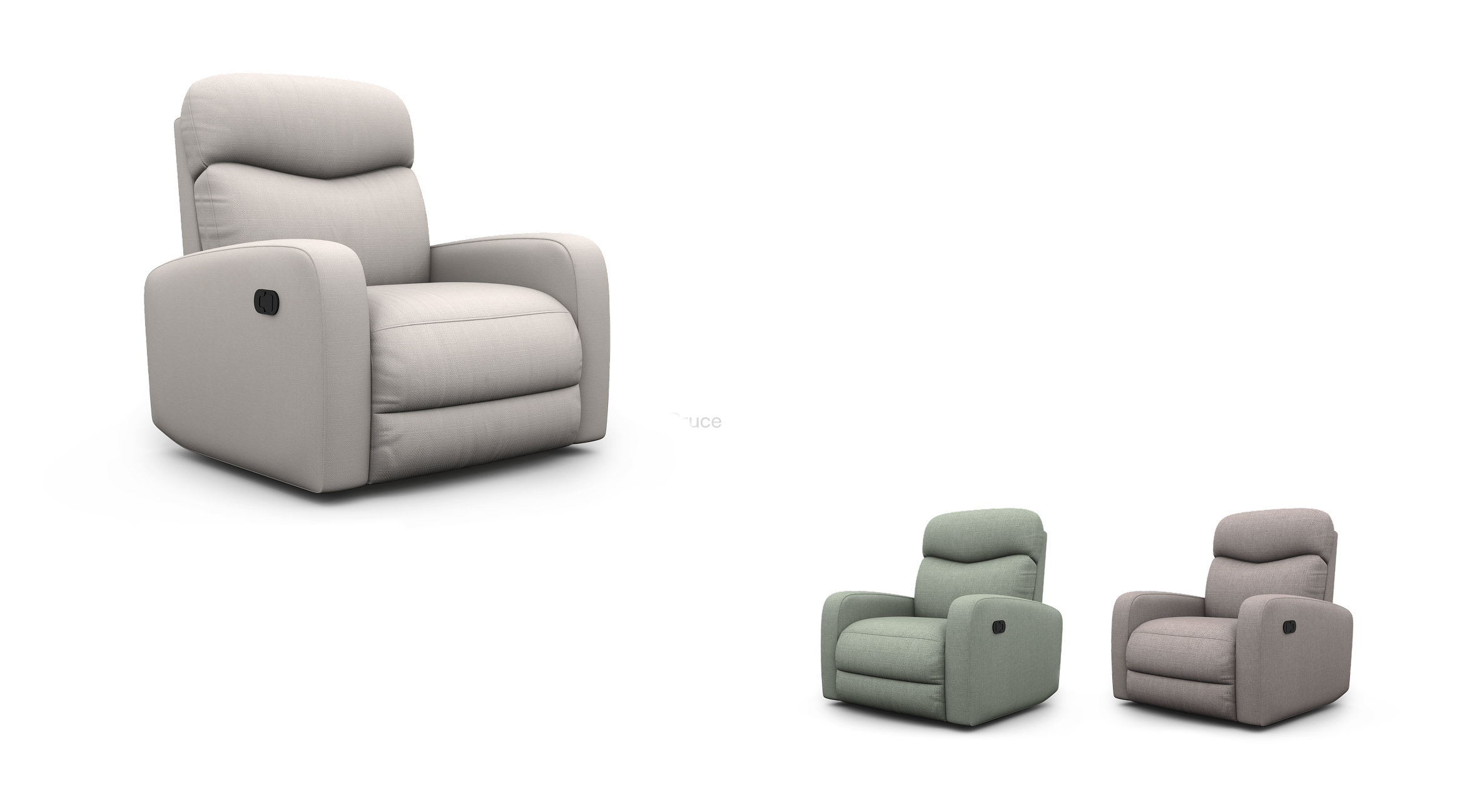 Modern grey fabric recliner with manual lever mechanism and sleek Scandinavian design