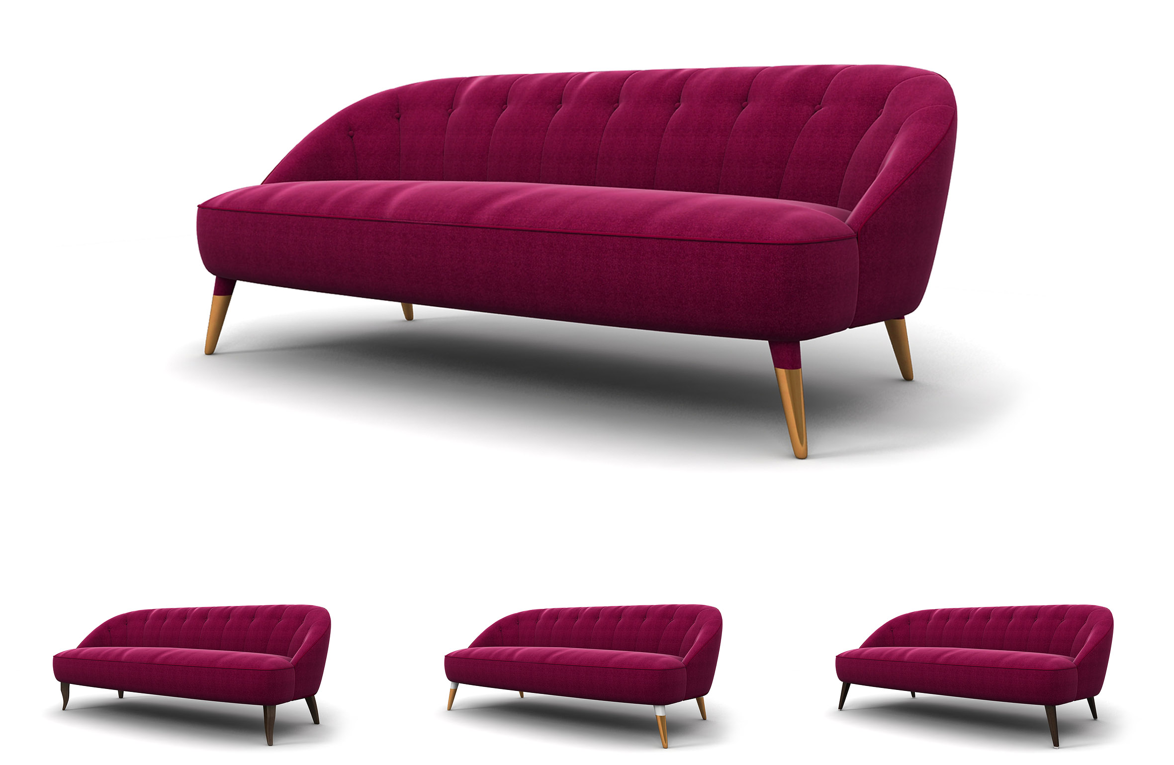 Emerald green velvet sofa with deep tufted back and curved oak arms