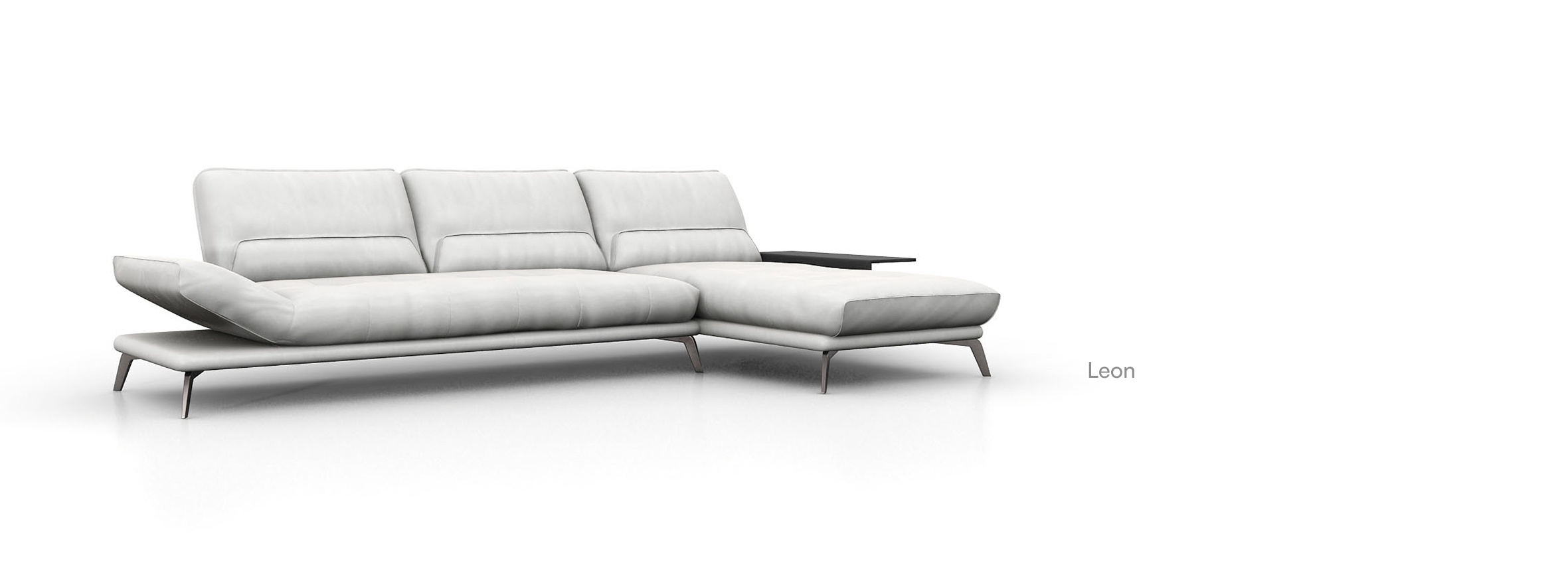 Modern green leather modular sofa with adjustable armrests and slim metal frame