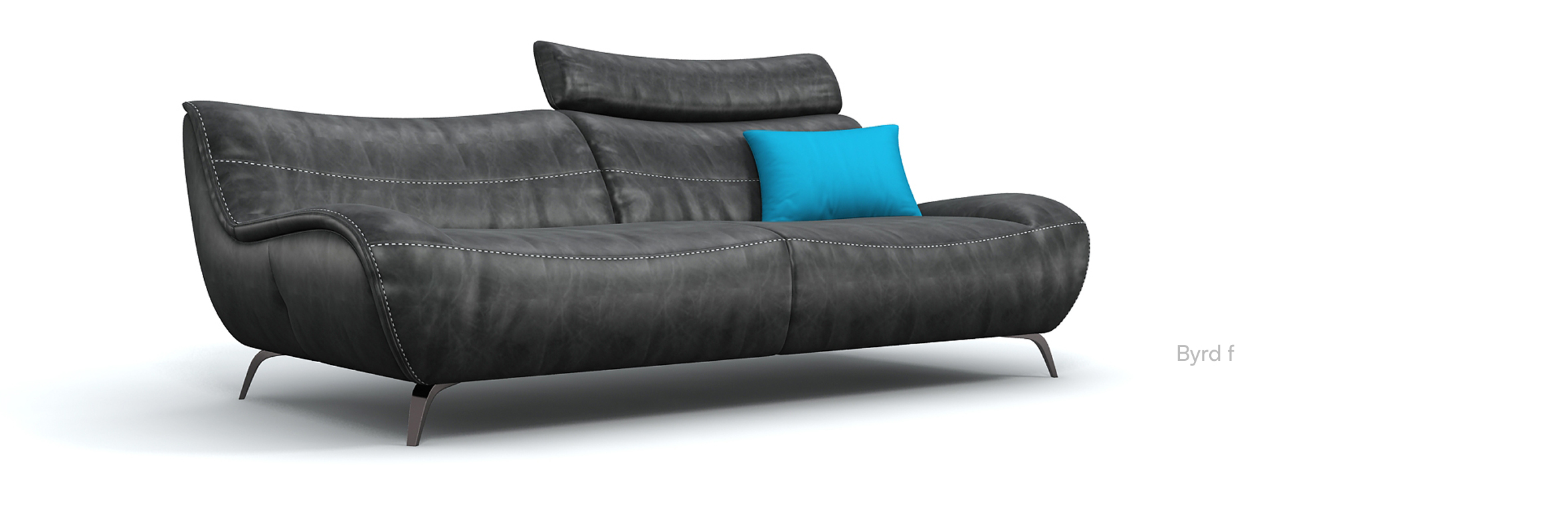 Modern angular leather sofa with deep brown upholstery and slim metal legs