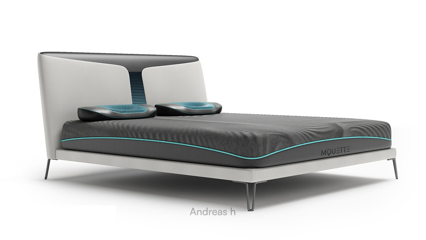 White and light grey MQUETTE Smart Bed with teal accents and integrated temperature controls