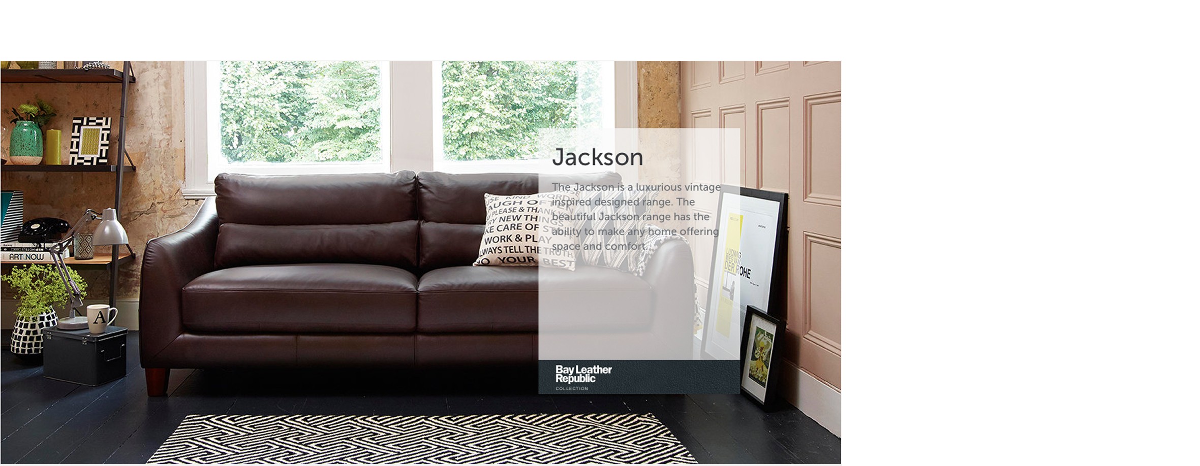 Deep brown Premier Erwan Sofa with angular armrests and matching cowhide rug