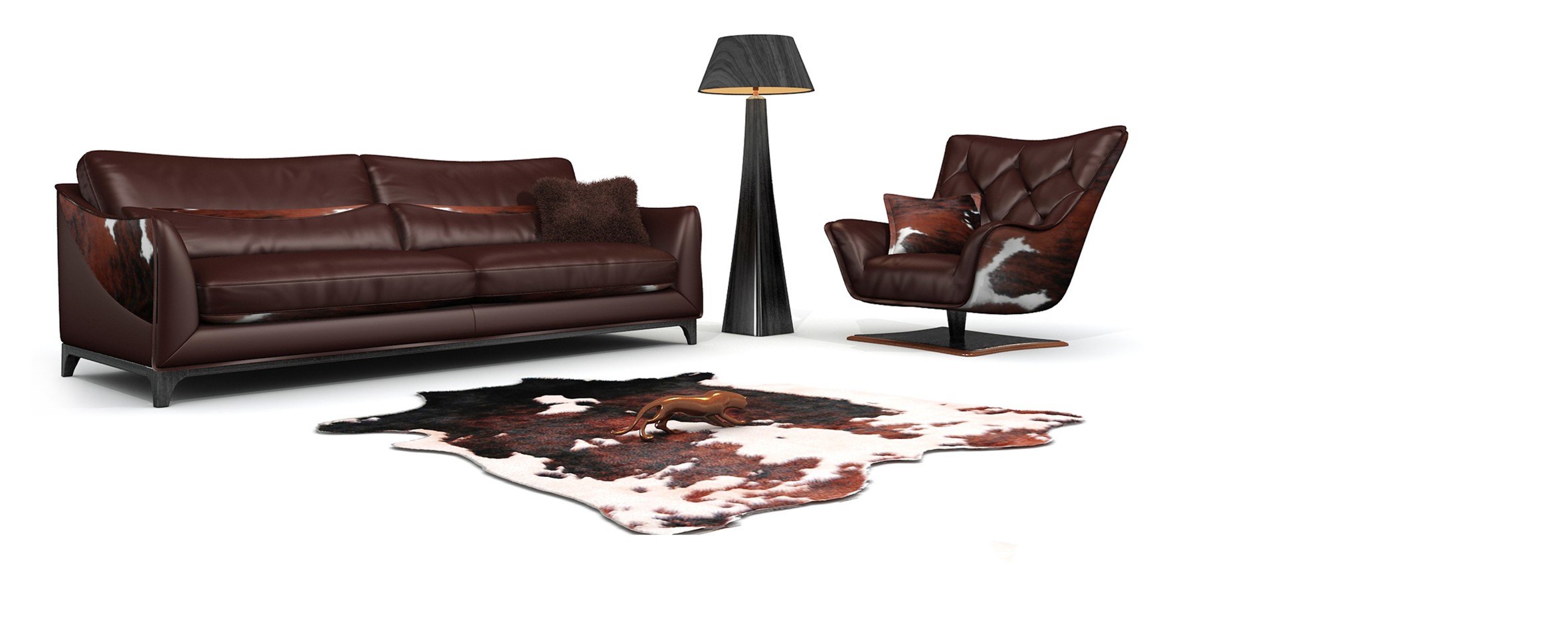 Luxury living room or office space showcasing the sofa’s cohesive design with matching armchair and cowhide rug for high-end spatial storytelling.