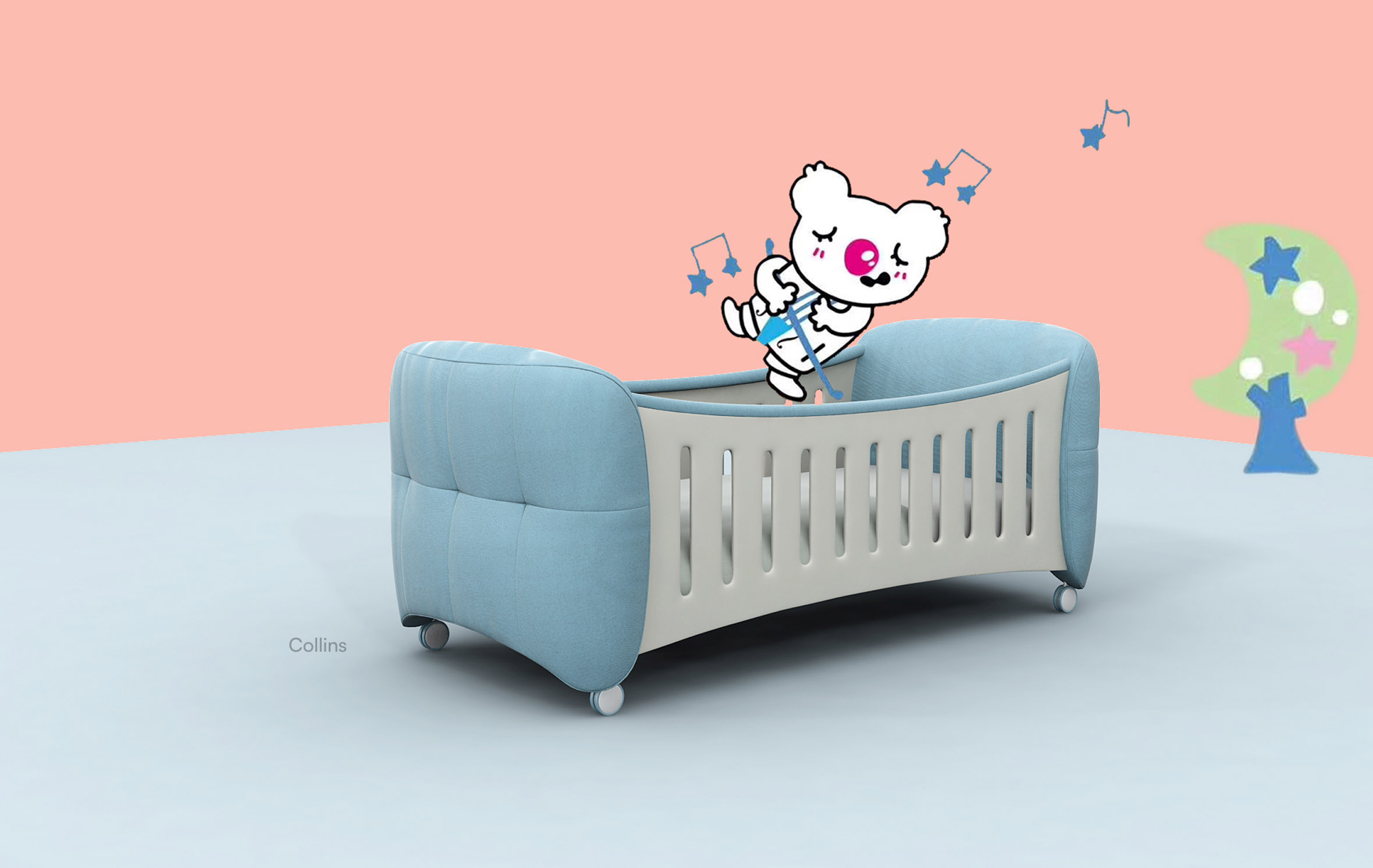 蓝色软包婴儿床与卡通元素，展现安全育儿设计理念