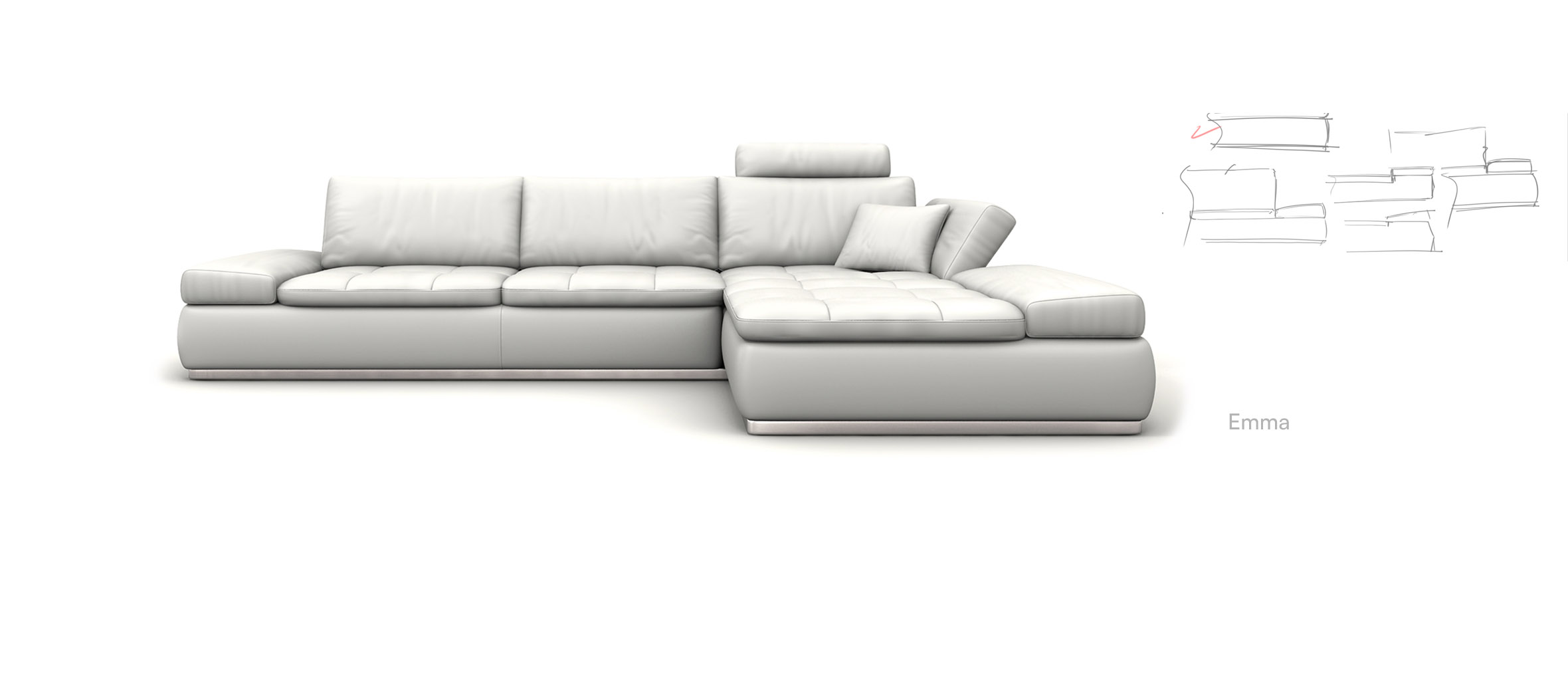 Modern L-shaped leather sofa with adjustable arm pads and light grey plush finish