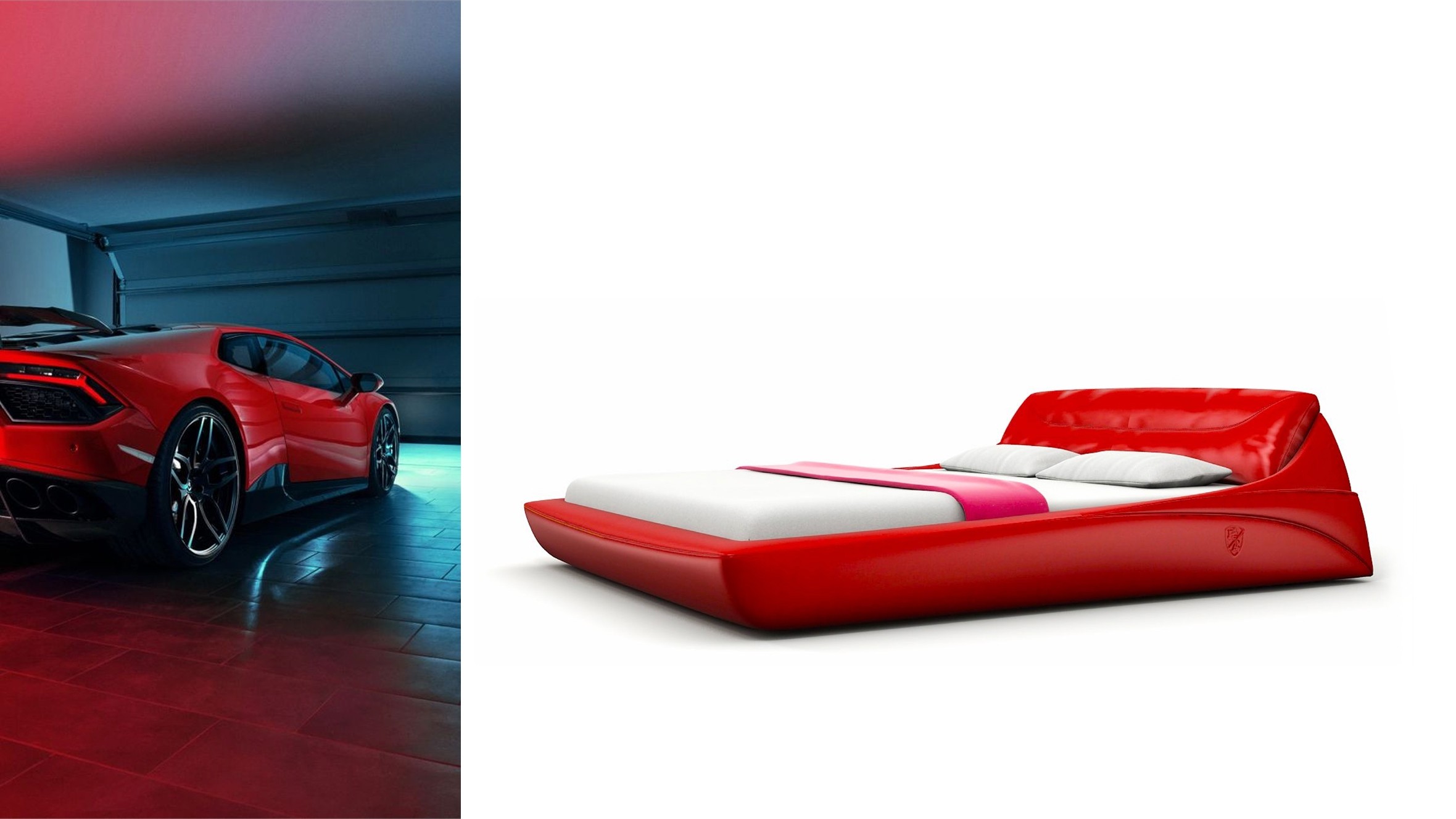 Red and dark grey luxury bed with aerospace carbon fiber accents and floating frame